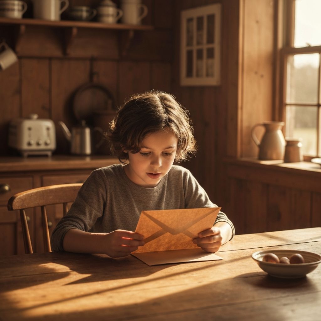 A child opening a rustic envelope at a farmhouse table with warm sunlight
