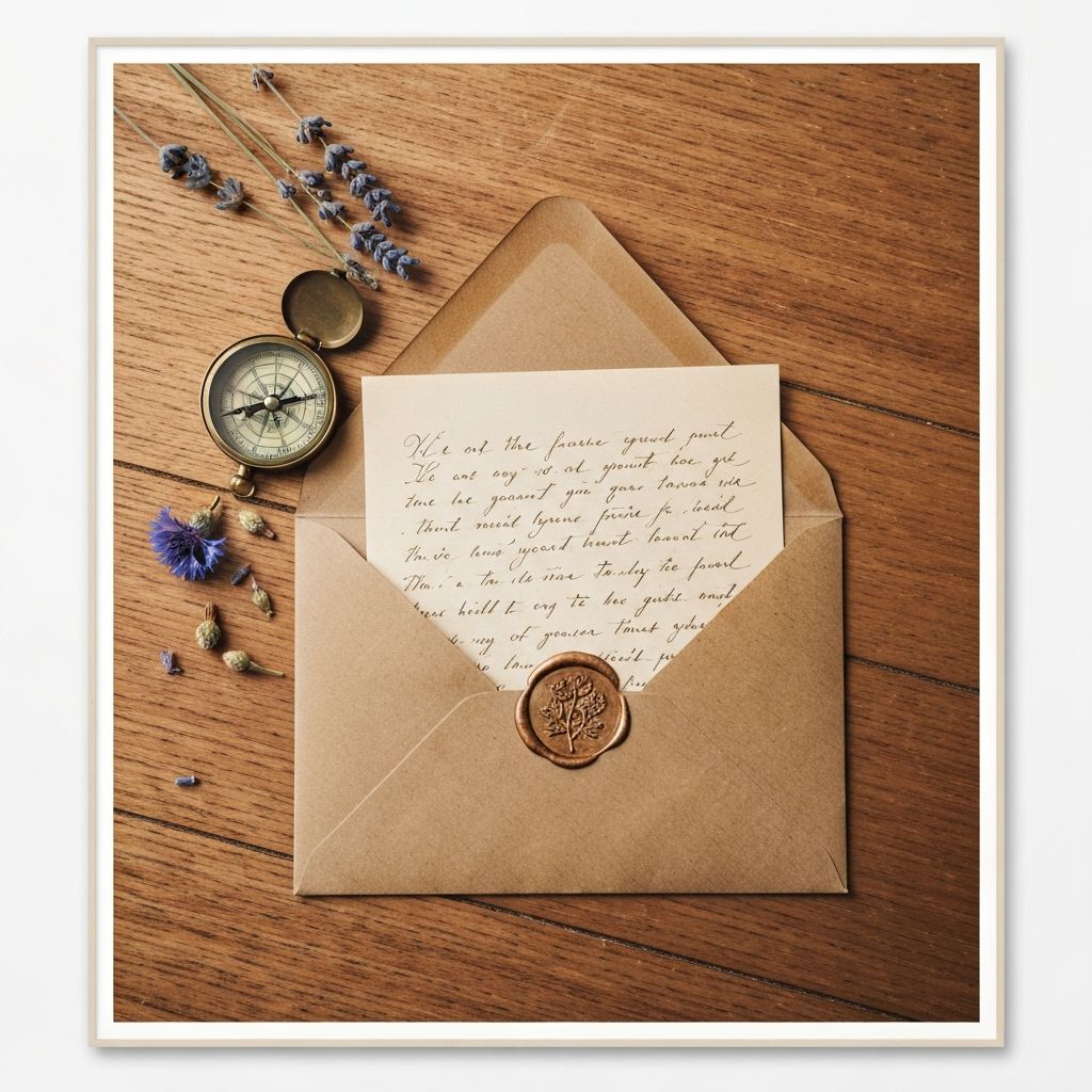 Contents of a Little Red Mailbox letter including a handwritten letter, compass, and dried flowers